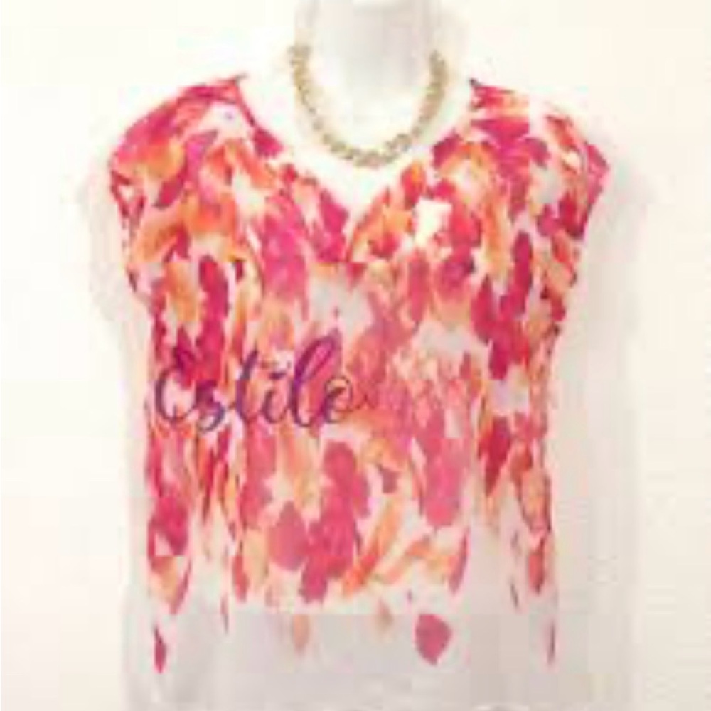 Liz Claiborne Coral and Pink Watercolor Floral V-Neck Blouse